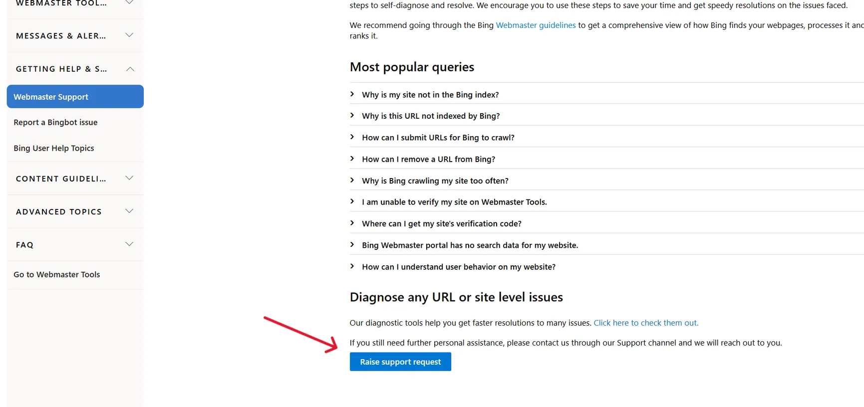 Screenshot of the Bing support page showing the Raise support request button at the bottom