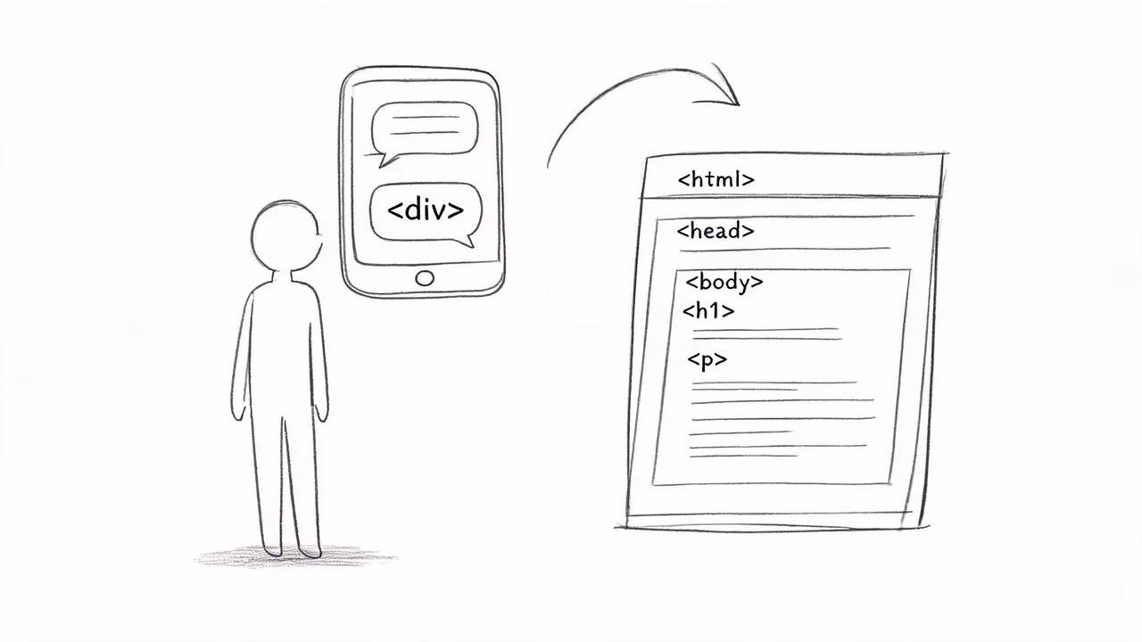 Hand-drawn illustration: a person chatting with AI, which generates a complete HTML web page from the request