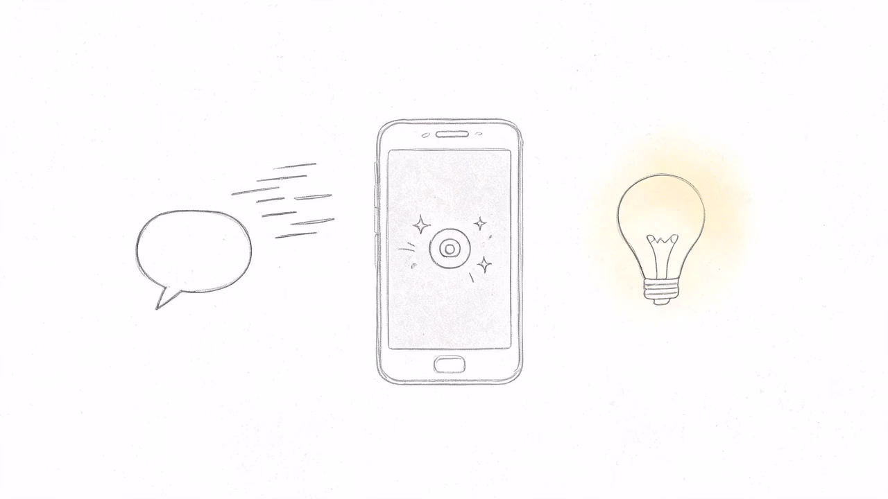 Hand-drawn illustration: an AI chat bubble, a smartphone, and a lightbulb representing an idea, showing how to build your first app with AI and ToApp