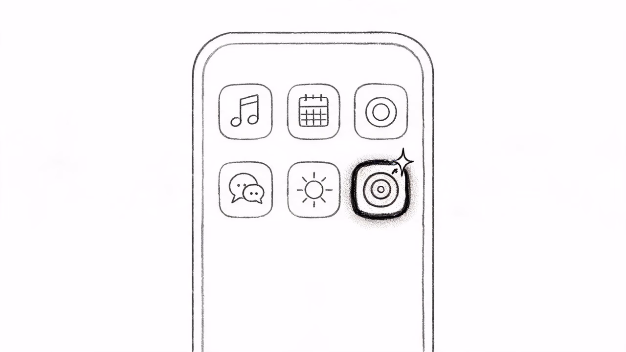 Hand-drawn illustration: a phone home screen with your newly created app icon glowing among the others