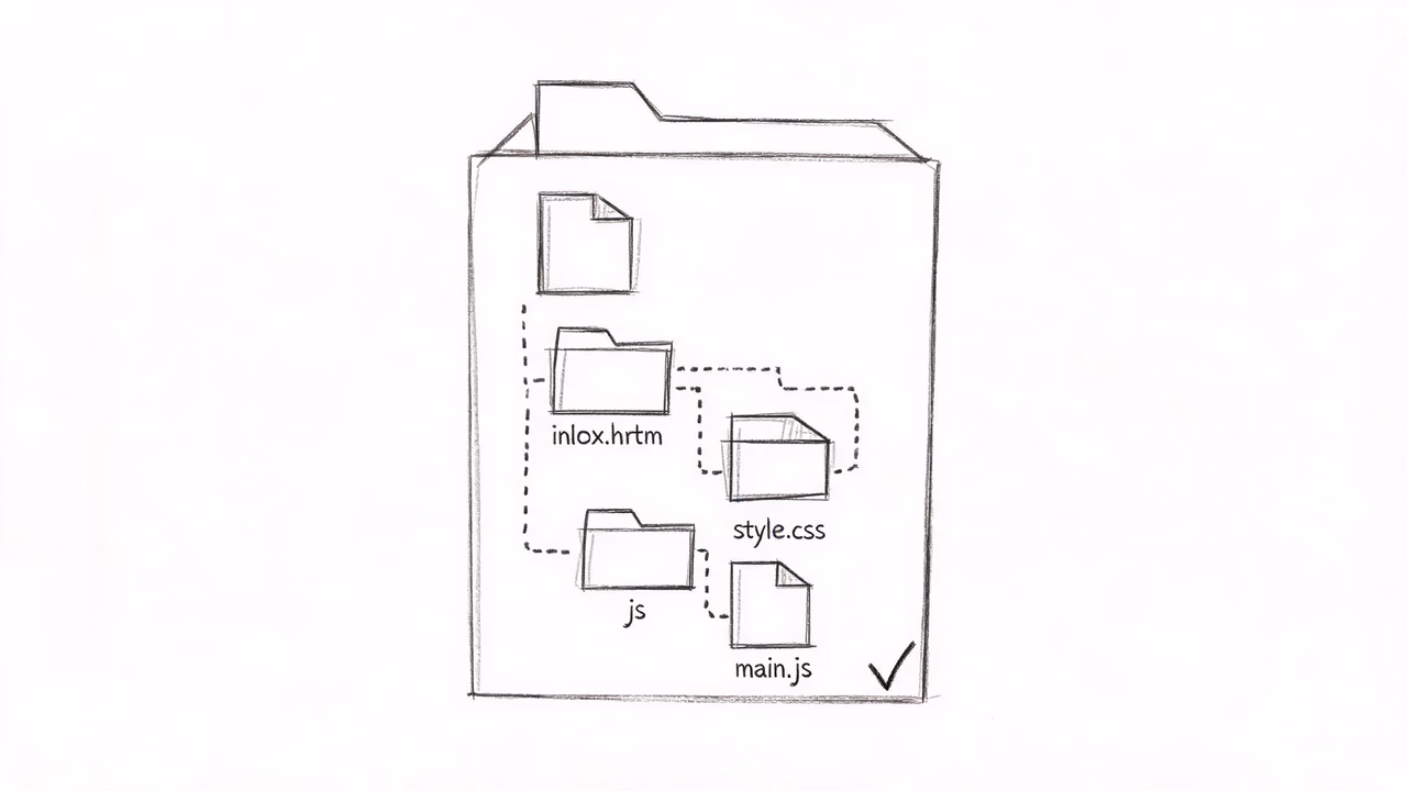 Hand-drawn illustration: the correct ZIP project structure with index.html at the root and css/style.css and js/main.js in their folders