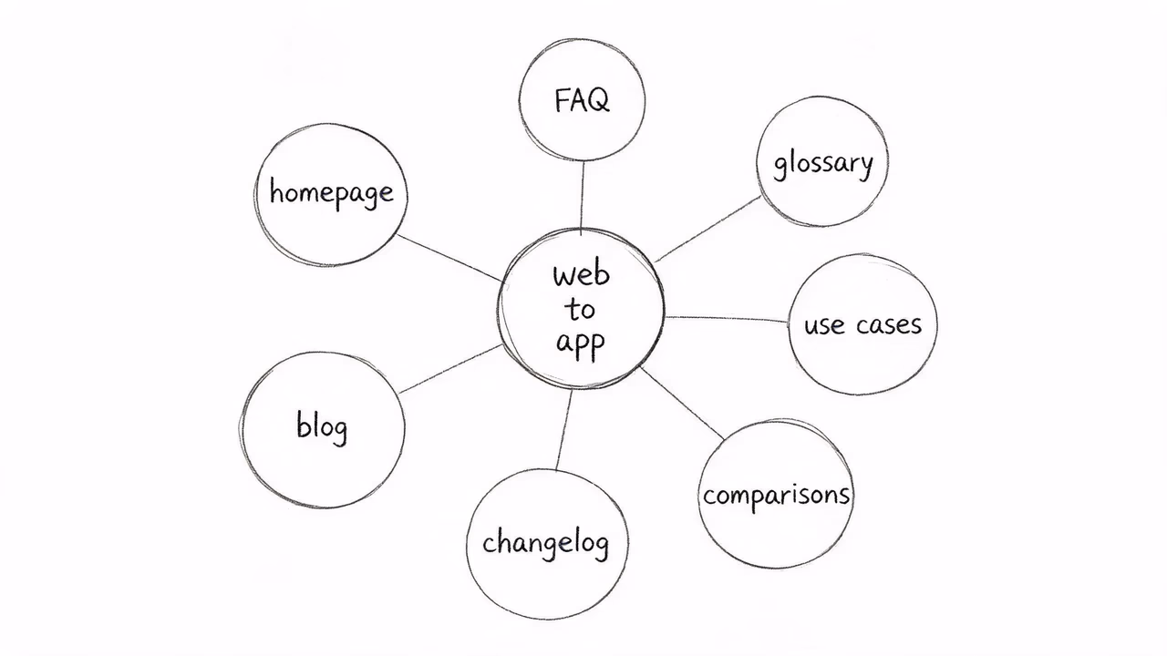 手绘风格示意图：以 web to app 为核心的主题集群架构，homepage、FAQ、glossary、use cases、comparisons、blog、changelog 等节点相互连接
