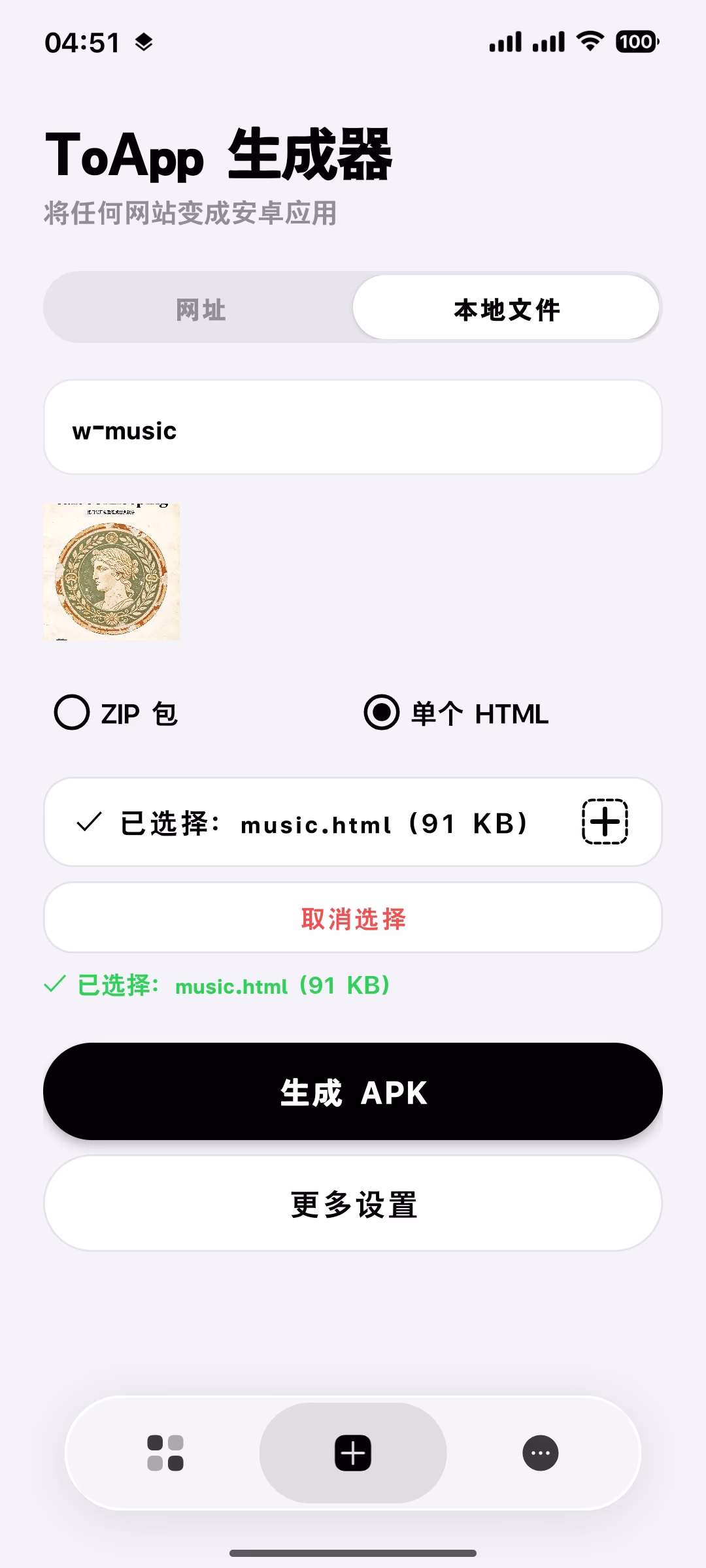 ToApp 自定义应用信息界面截图，显示应用名称输入框、应用图标上传区域和包名字段